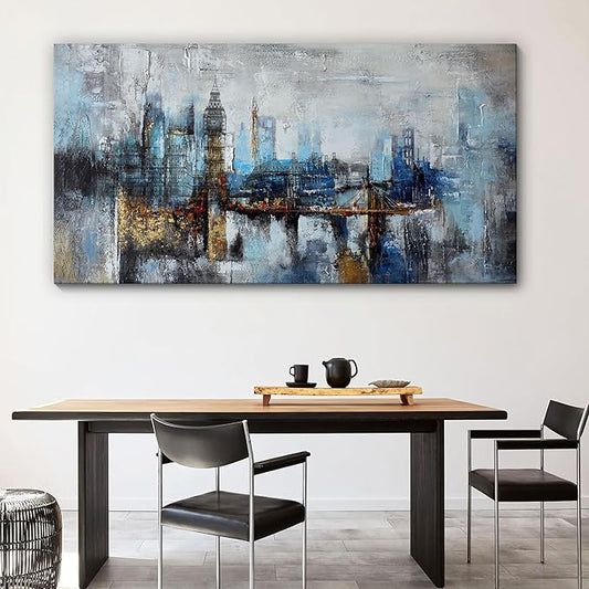 Pogusmavi Large Wall Art for Bedroom Abstract City View Canvas Art Modern Home Decor Gray Blue Buildings Prints for Bedroom Wall Art Office Artwork Wall Decor for Living Room Decor 24x48 inches