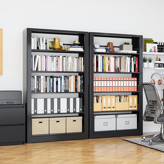 Heavy Duty 5-Tier Metal Bookshelf, Industrial Tall Book Shelf with Adjustable Shelves, 280lbs Shelf Capacity, Large Office Bookcase, Display Book Organizer for Living Room Bedroom Library -69”H,Black