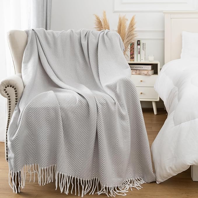 Gealaek Light Grey Throw Blanket Chevron Lightweight Fuzzy Soft Cozy Decorative Blankets for Sofa Bed Farmhouse Throw Blanket Grey with Fringe 50" x 60"