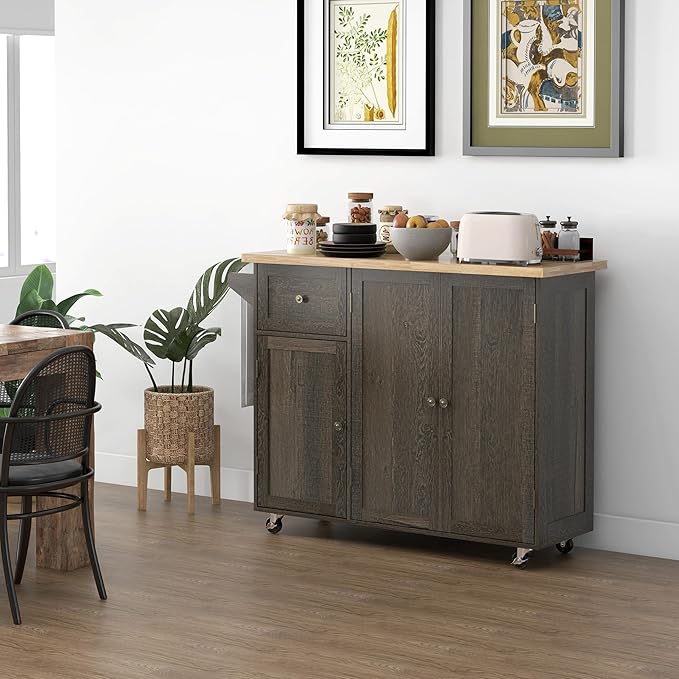 HOMCOM Triple-Cabinet Rolling Kitchen Island on Wheels, Kitchen Cart with Storage Shelf Adjustment, Rolling Utility Cart with Wood Top, Towel Rack, Big Drawer, Distressed Brown