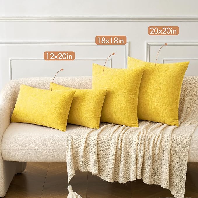 MIULEE Pack of 2 Couch Throw Pillow Covers 20x20 Inch Soft Yellow Chenille Pillow Covers for Sofa Living Room Solid Dyed Pillow Cases
