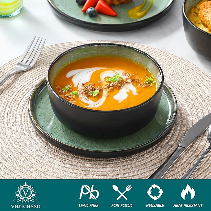 vancasso Plates and Bowls Sets, 24 Pieces Stoneware Dinnerware Sets for 8, Kitchen Dish Set Mircowave and Dishwasher Safe Dinner Set Ceramic Dishware, Turf Green, Series AMBER