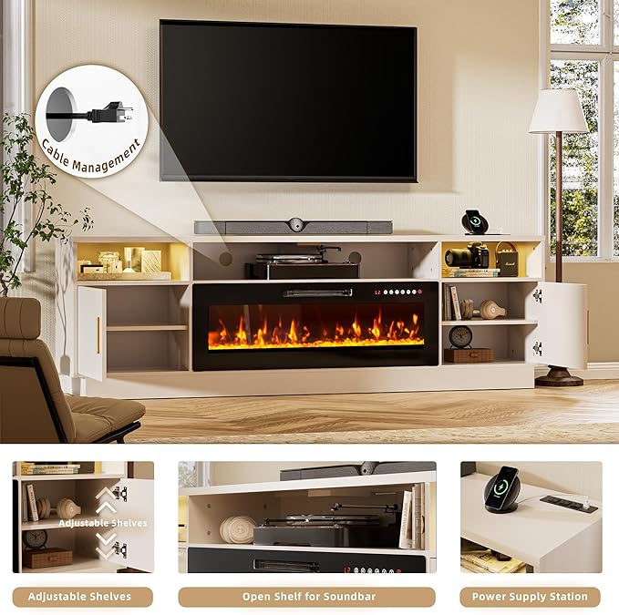 Ludatido 80 Inch Premium TV Stand with 36 inch Electric Fireplace 27 Inch high LED Light Entertainment Center Easy to Assemble for TVs Up to 90'' with USB&AC Power Interface White