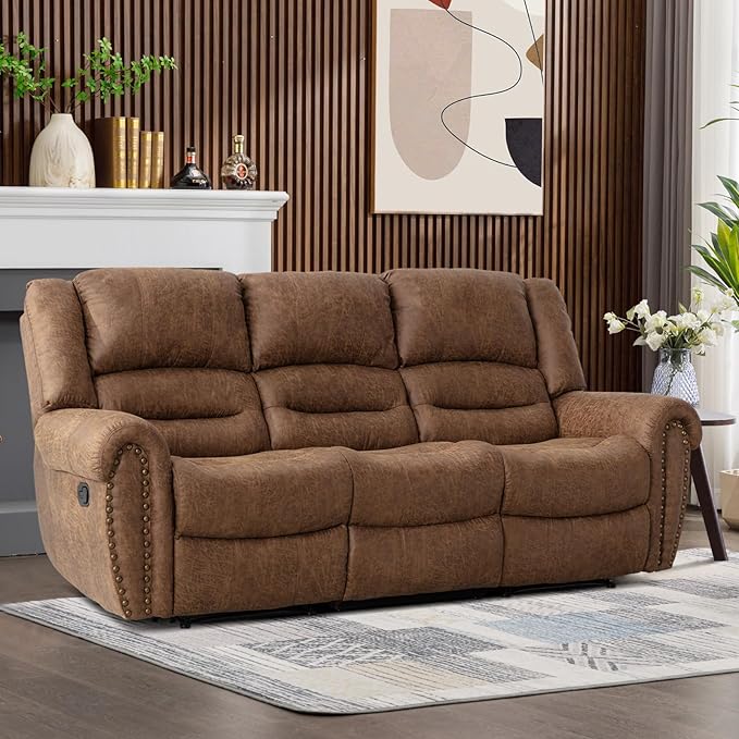 CANMOV Faux Leather Manual Reclining Sofa,3 Seat Recliner Couch Sofa with Overstuffed Comfortable Arms and Back for Living Room,Office,Nut Brown