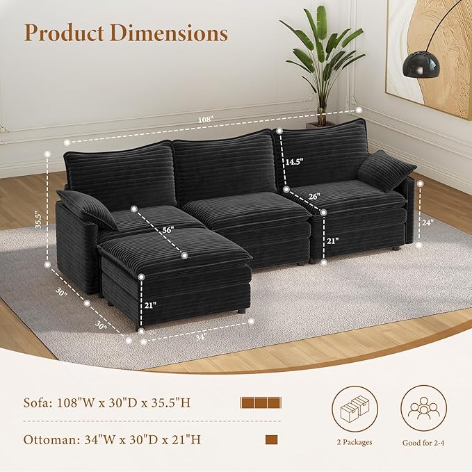 Vesgantti 108" Modular Sectional Sofa, Comfy Cloud Couch with Movable Ottoman Deep Seat Corduroy L Shaped Modular Sofa, Sectional Couches for Living Room, Bedroom and Apartment, Gray