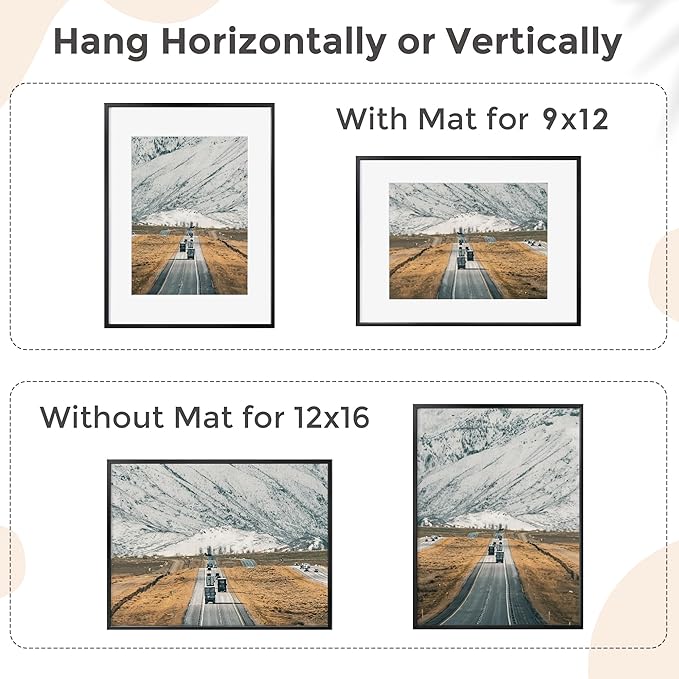 12x16 Metal Picture Frame For Wall With Mat For 9x12, 12''x16'' Aluminum Certificate Document Frames With Tempered Glass, Minimalist Modern Poster Frame Horizontally Vertically Set of 3, Black