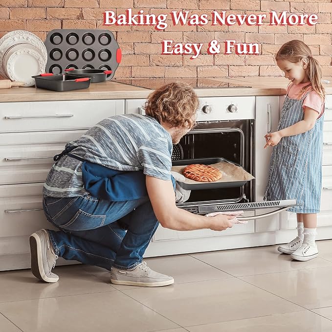 Moss & Stone 9 Piece Baking Pans Set Non Stick, Oven Safe Baking Sheet Set Carbon Steel Non-Stick PTFE Coating, Bakeware Set With Heat Red Silicone Handles, Black Baking Trays For Oven