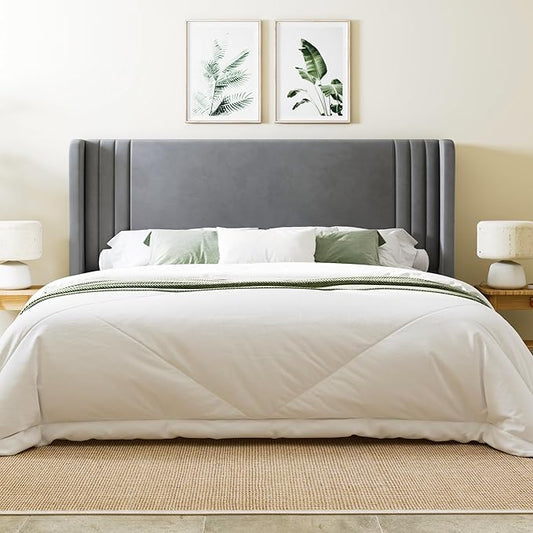 Allewie King Size Velvet Platform Bed Frame with Vertical Tufted Wingback Headboard, Easy Assembly, Under Bed Storage, No Box Spring Required, Modern Style, Grey