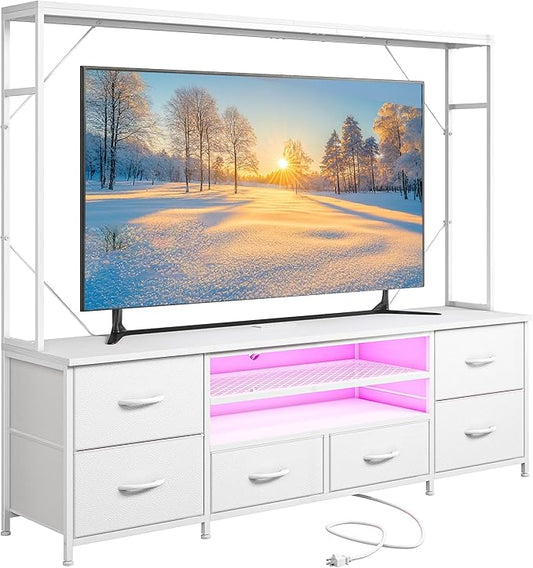TV Stand for 55 60 inch TV, Large Wall Unit Entertainment Center with LED Lights & Power Outlets, TV Stands for Living Room, Closet, Entryway,13.8" D x 55" W x 61" H, White