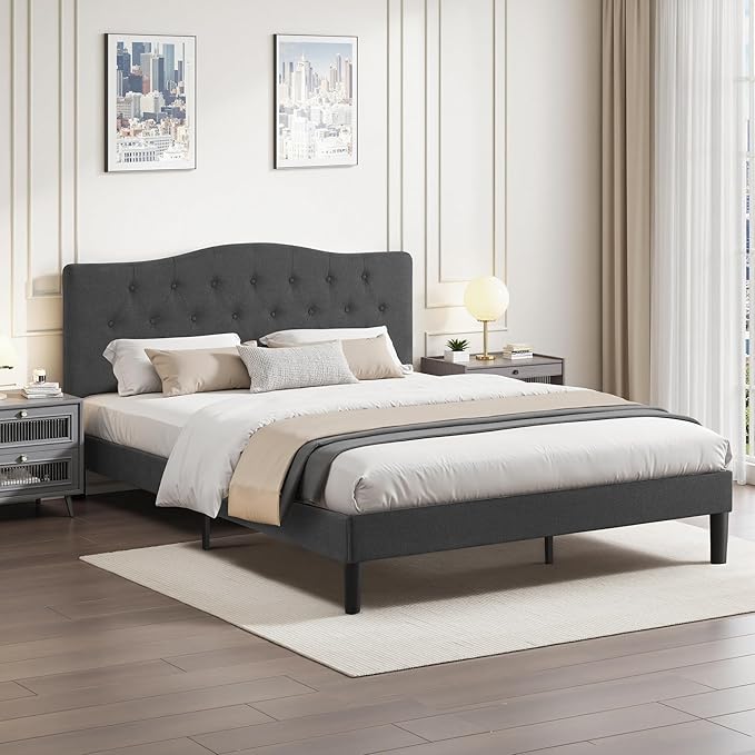 VECELO Queen Size Platform Bed Frame with Fabric Upholstered Headboard and Wooden Slats Support, No Box Spring Needed/Easy Assembly,Grey
