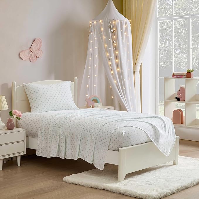Laura Ashley Kids - Full Sheet Set, Soft & Wrinkle-Resistant Toddler Bedding Set, Deep Pockets, Girl Bed Sheets with Matching Fitted Sheet & Pillowcases (Lovely Bows Blue)
