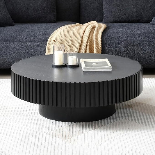 Round Coffee Table for Living Room, Accent Fluted Drum Coffee Table with Storage, Modern Solid Wood Circle Center Tea Table for Small Space Apartment (35.4''D×14''H-Black)