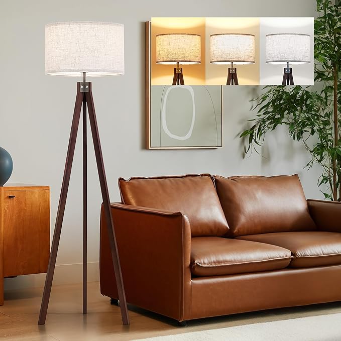 ELYONA Wood Tripod Floor Lamp, Mid Century Modern Reading Standing Light, Tall Studying Light with 3 Color Temperatures LED Bulb & Nature Linen Shade for Farmhouse Living Room Bedroom Office, Walnut