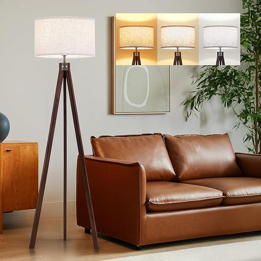 ELYONA Wood Tripod Floor Lamp, Mid Century Modern Reading Standing Light, Tall Studying Light with 3 Color Temperatures LED Bulb & Nature Linen Shade for Farmhouse Living Room Bedroom Office, Walnut