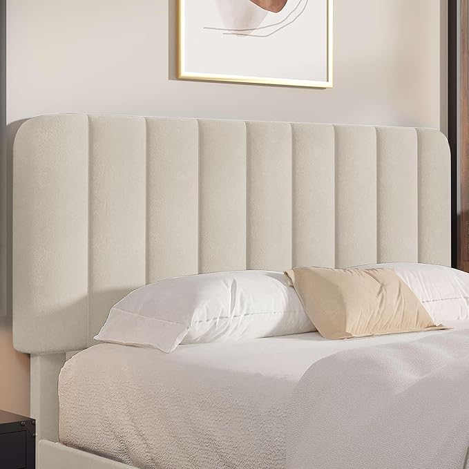 VECELO Queen Size Bed Frame with Upholstered Headboard, Velvet Platform Bedframe Mattress Foundation, Strong Wood Slat Support, No Box Spring Needed,Velvet Beige