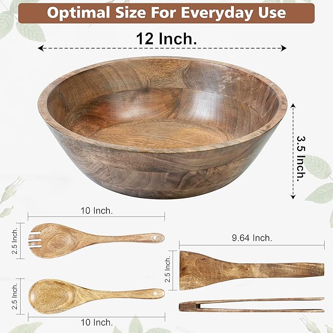 Crocon Wooden Salad Bowls Set, Round Serving Bowl for Fruits or Salads, Cereal, Corn Flake, Large Wood Serving Bowl, 12" Big Salad Bowl With Serving Utensils