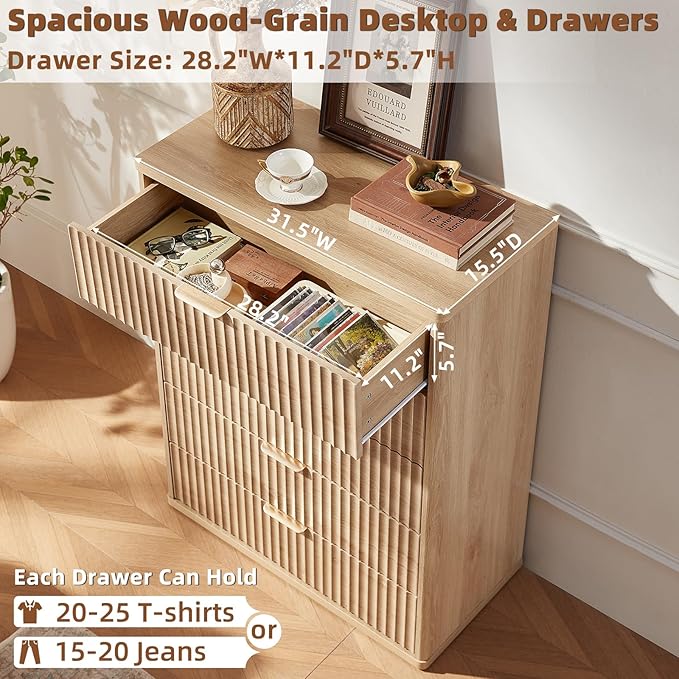 LEYAOYAO Fluted 5 Drawers Dresser for Bedroom, 41" Tall Modern Chest of Drawers with Metal Handle, Curved Profile Design,Natural Wood Drawer Organizer for Bedroom, Living Room, Hallway, Entryway