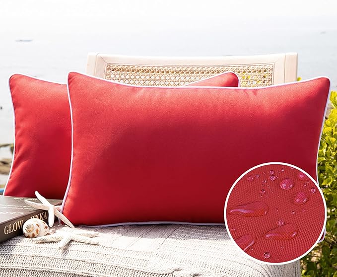 Phantoscope Pack of 2 Outdoor Waterproof Solid Throw Decorative Pillow Cover Decorative Square Outdoor Pillows Cushion Case Patio Pillows for Couch Tent Sunbrella, Red 12x20 inches 30x50 cm