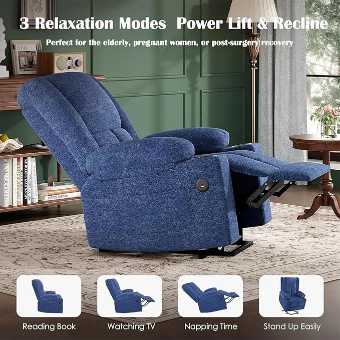 Electric Power Lift Recliner Chair,Reclining Chair with 8 Massage for Elderly,Recliner Single Sofa with 2 Cup Holders,Side Pockets,USB Charge Port,Remote Control for Living Room,Bedroom,Blue