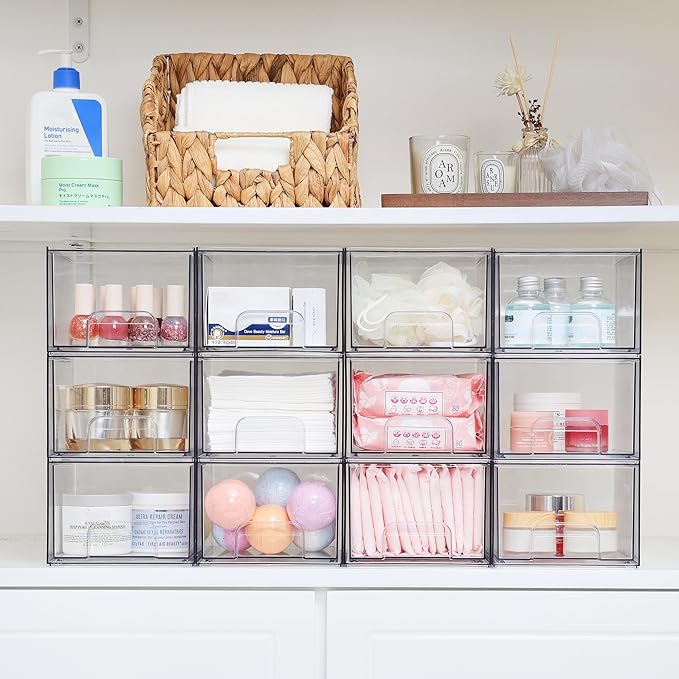 Vtopmart 4 Pack Clear Small Stackable Storage Drawers,Acrylic Bathroom Makeup Organizer,Plastic Storage Bins For Vanity, Undersink, Kitchen Cabinets, Pantry, Home Organization