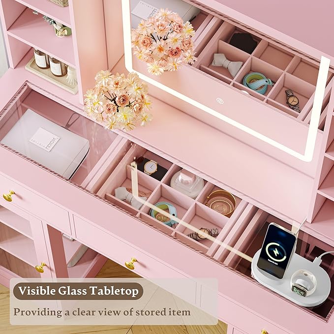 Makeup Vanity Desk with HD Lighted Mirror & Power Outlet, Glass Top Vanity Table Set with Storage Drawers & RGB Cabinets, Large Dressing Table with 3 Lighting Modes for Bedroom Women Girls Kids, Pink