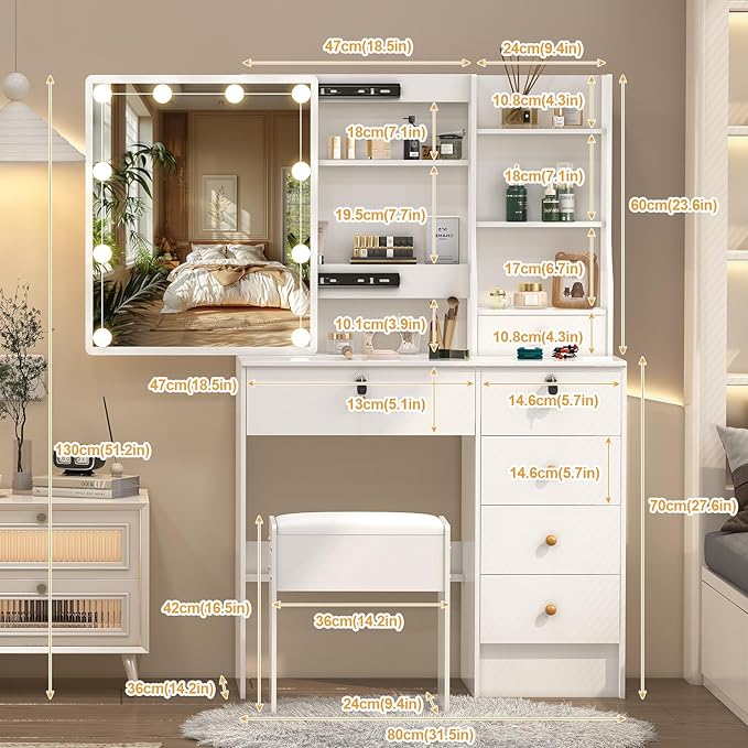 Small Makeup Vanity Desk with Lights and Slidind Mirror, Vanity Table Set with Chair, Lighted Dressing Table with 3 Adjustable Light Modes, 6 Drawers, 6 Shelves, White Vanity Desk for Women