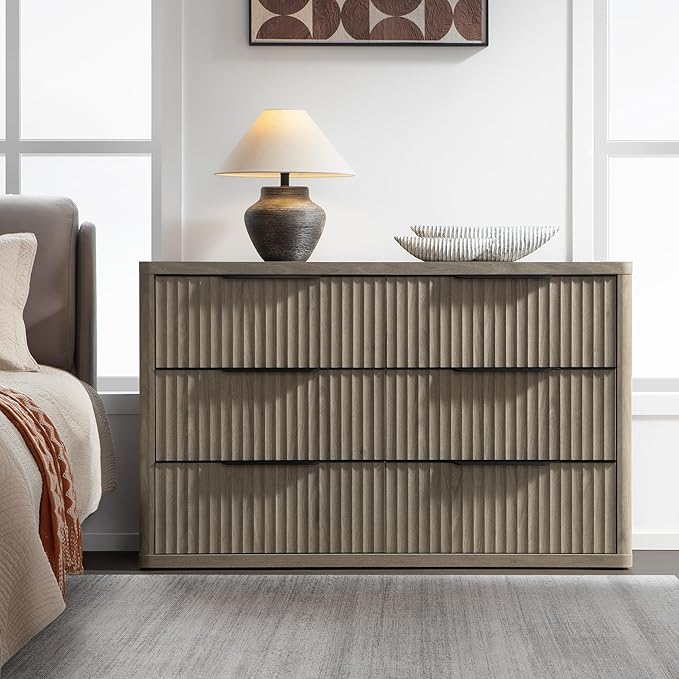 SICOTAS Dresser for Bedroom 6 Drawer Dressers & Chests of Drawers for Closet Long Large Modern TV Stand Set for Clothes Storage Fluted Wide Clothes Closet for Hallway Entryway (Grey Alder, 2 Pieces)