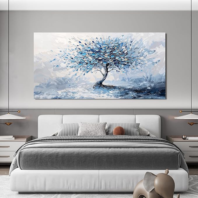 Canvas Wall Art Decor Modern Blue White Wall Art Prints Wall Art Pictures for Living Room Oversized Artwork for Walls Abstract Art Large Tree of Life Wall Art Decorations Bedroom Office Decor 29"X58"