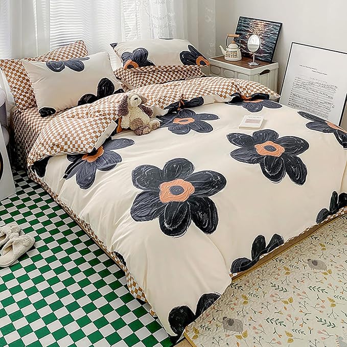 Cottonight Black Sunflower Comforter Set Queen Beige Black Floral Bedding Comforter Set Big Flower Botanical Quilts Boho Blankets Cute Elegant Bedding Set for Women Girls Queen Bed