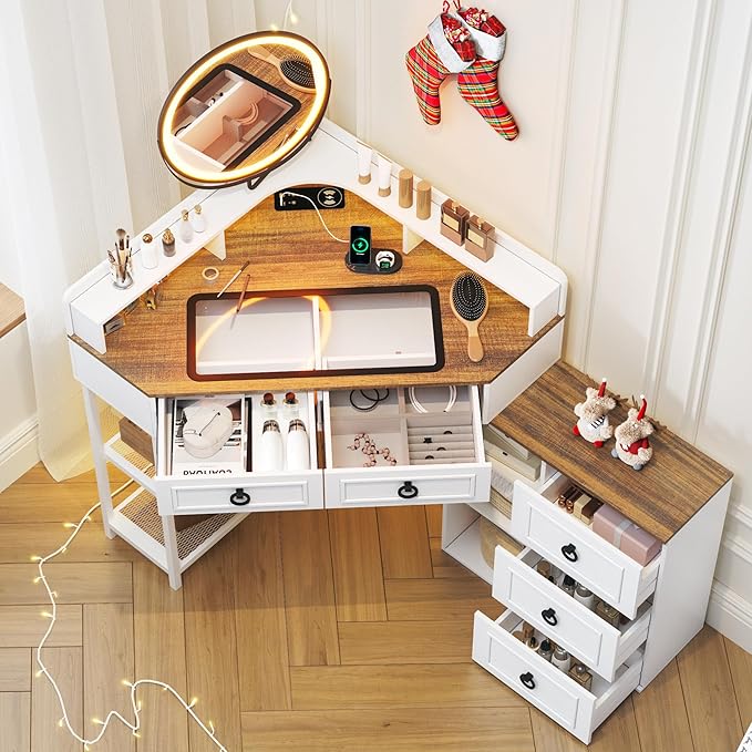 Corner Vanity Desk with Lighted Rotating Mirror and Lights, Glass Top Makeup Vanity with Corner Shelf&5 Drawers, Girls Vanitys with Charging Station,Jewelry Organizers for Bedroom,White