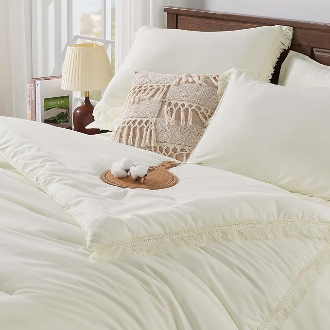 Andency Ivory Full Size Comforter Set with Sheets - 7 Pieces Boho Tassel Bed in a Bag Soft Lightweight Bedding Sets, Ivory Fringe Bed Set with Comforter, Sheets, Pillowcases & Shams