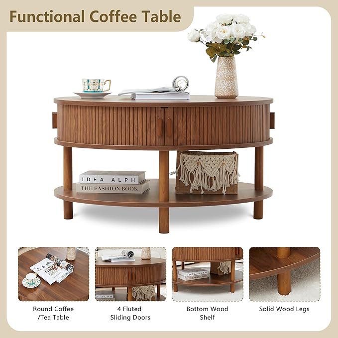 RARZOE 31.5" Round Coffee Table with Storage, Wood Circle Coffee Table with Sliding Cabinet Doors, Fluted Dining Table Accent Center Table for Living Room Home Office Apartment, Walnut