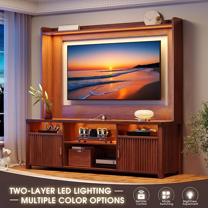 70.9"H TV Stand, Modern Chic Entertainment Center for TVs Up to 70 inches, Extra 4 Storage Wooden Shelves, Magnetic cabinet doors & Curved Profile Design, Media Console for Living Room, Walnut Brown