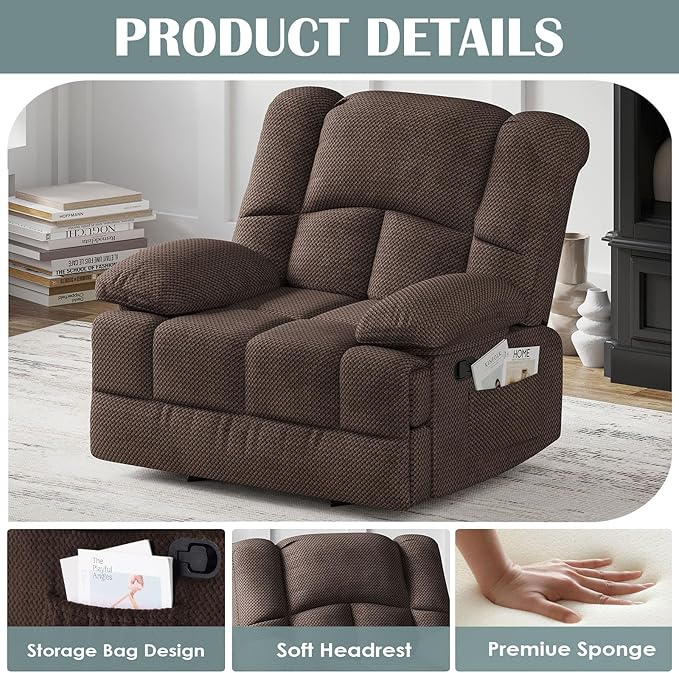 Oversized Rocker Recliner Chair, Wide Rocker Chair with Adjustable Backrest Footrest, Oversized Recliner for Adults, Cashmere Reclining Sofa for Living Room, Chocolate