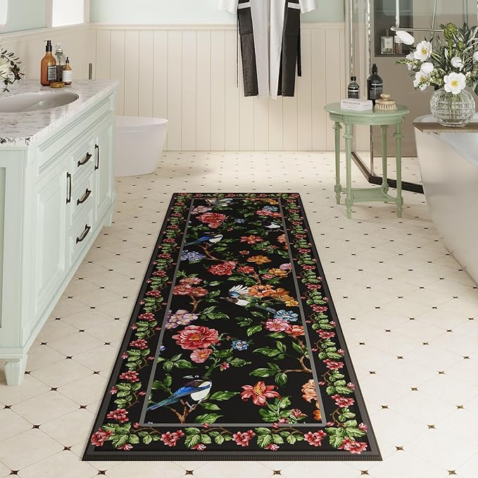 Runner Rug for Kitchen 2'6"x8' Washable Rugs with Rubber Backing Soft Floral Bird Magpies Floral Animal Carpet Runner for Kitchen, Laundry, Bedroom, Bathroom (Black)