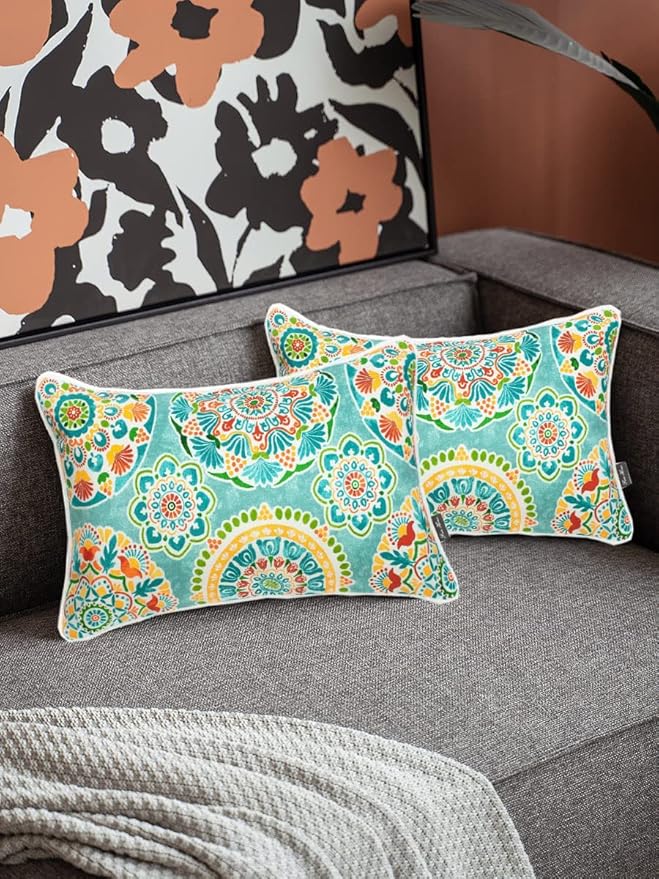 FUNHOME Set of 2 Outdoor Pillows for Patio Furniture, 12”x20” Water-Repellent Fade Resistant Outdoor Lumbar Pillow with Insert, Decorative Garden Pillows for Home Patio Coach Sofa Use-Cyan Circle