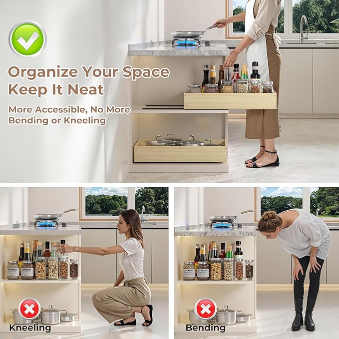 COOLBEBE Pull Out Cabinet Drawer, Soft Close Pull Out Organizer for Cabinets, Solid Wood Cabinet Drawers Slide out, Pull Out Shelves in Kitchen, Pantry, Bathroom, Bottom Assembly (14INCH)