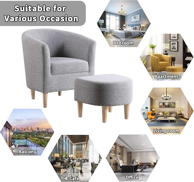 DAZONE Accent Chair with Ottoman, Modern Comfy Armchair Upholstered Barrel Club Chair and Footrest Set, Fabric Tub Arm Chairs for Living Room Bedroom Small Spaces Apartment Office, Set of 2, Gray