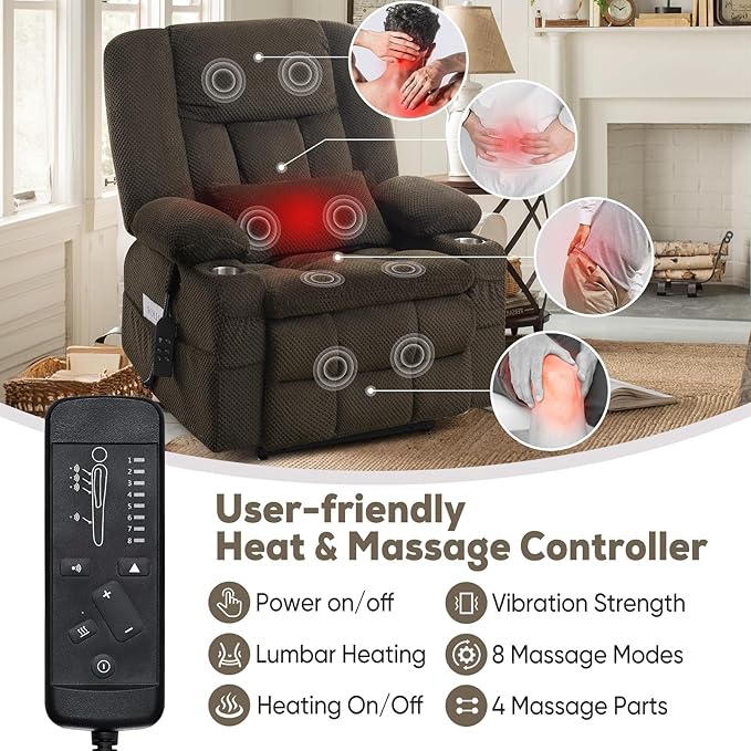Large Dual Motor Lay Flat Power Lift Massage Recliner Chair Set of 2, Lift Chairs Recliner with Lumbar Pillow, Cup Holder for Elderly with Heat for Living Room - Brown