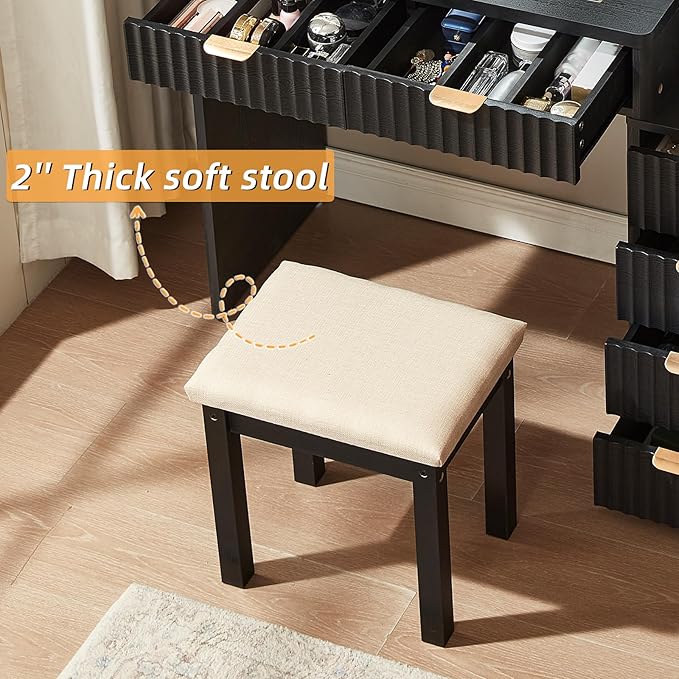 LEYAOYAO Vanity Stool, Elegant Makeup Stool with Comfortable Fabric Cushion, Sturdy Wooden Frame, Modern Vanity Bench for Bedroom and Bathroom-Classic Black