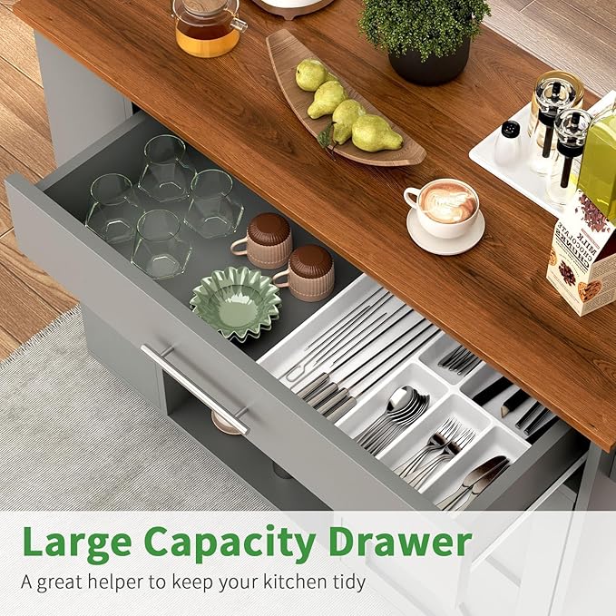 4 EVER WINNER Kitchen Island on Wheels with Storage Cabinet, Kitchen Island Cart with Spice Rack & Towel Rack, Rolling Kitchen Cart with Open Shelves, Portable Island with Drawer, Grey