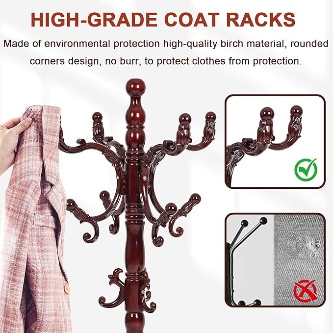 Coat Racks Freestanding, Natural Wood Coat Stands with 14 Hooks, 73" Heavy Duty Adjustable Height Vintage Hall Tree for Entryway, Bedroom, Office, Easy Assembly (Rosewood)