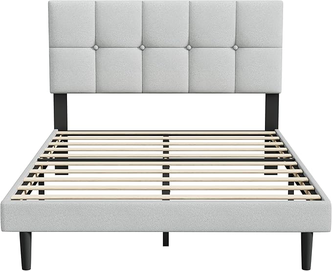 Full Size Bed Frame, Full Size Platform Bed Frame with Headboard, Fabric Upholstered Headboard, Sturdy Wood Slats, No Noiseless, No Springs Required, Easy to Assemble, Gray
