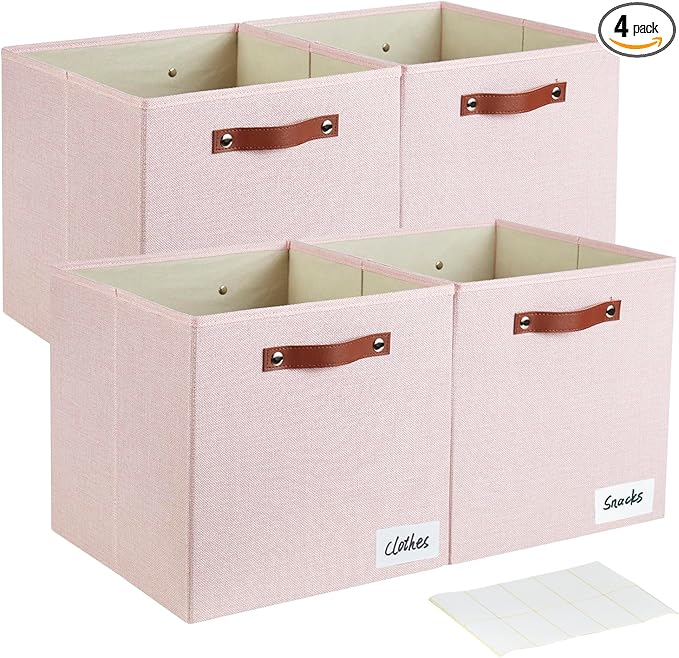 Collapsible Fabric Storage Cube Bins with 2 Reinforced PU Handles, Foldable Storage Organizer Baskets for Closet, Shelves, Living Room | 13"x13"x13", 4 Pack, Full Pink