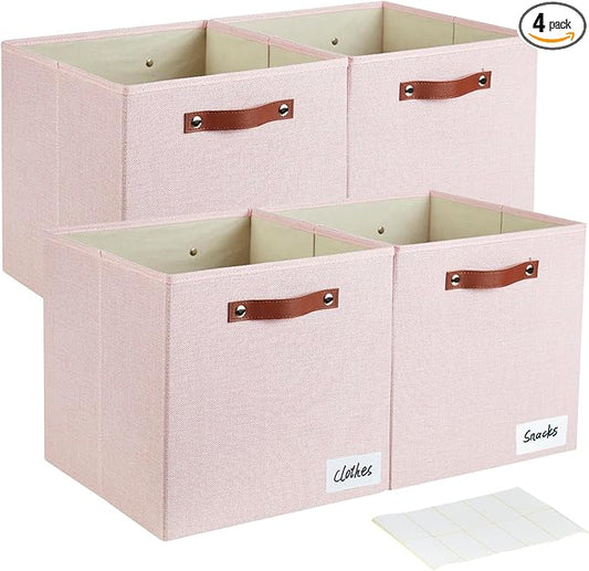 Collapsible Fabric Storage Cube Bins with 2 Reinforced PU Handles, Foldable Storage Organizer Baskets for Closet, Shelves, Living Room | 13"x13"x13", 4 Pack, Full Pink
