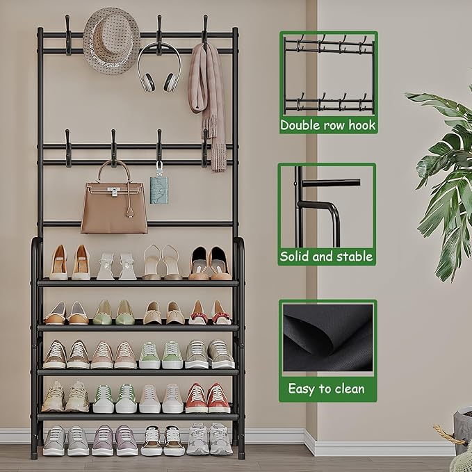 Coat Rack Shoe Rack With Storage Shelf Freestanding with 8 Hooks for Entryway Bedroom Closet 4 Tier, Black