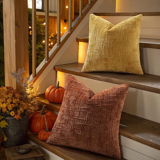 decorUhome Fall Rust Chenille Throw Pillow Covers 12x20 Set of 2 Thick Textured Slubby Couch Pillow Covers Farmhouse Accent Modern Neutral Decorative Pillow Cases for Bed Sofa Living Room