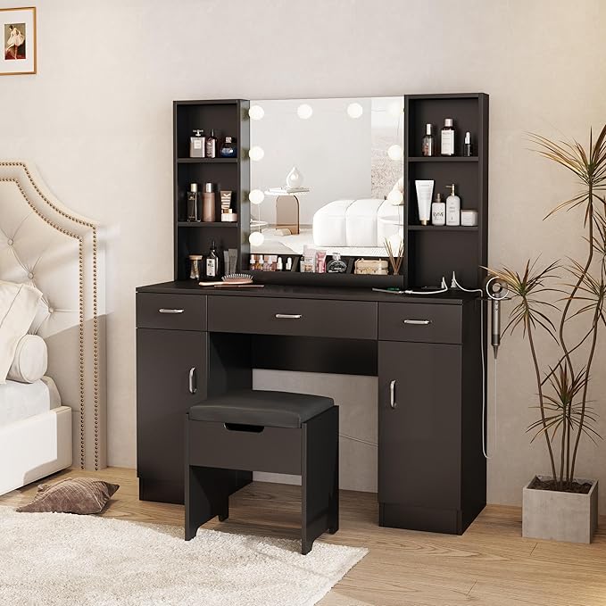 Makeup Vanity Table with Lighted Mirror & Outlets, Large Vanity Set Vanity Desk with Lots of Storage, 9 Drawers, 3 Lighting Modes Brightness Adjustable, 45inch