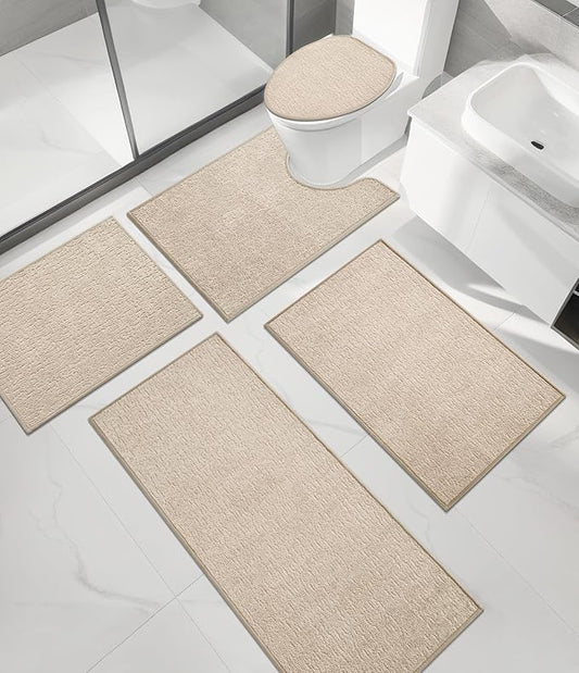 chakme Bathroom Rug Sets 5 Piece, Ultra Thin Bath Mat Quick Dry Bath Mat, Absorbent Bath Mat for Bathroom Non Slip Machine Washable, (Light Beige)