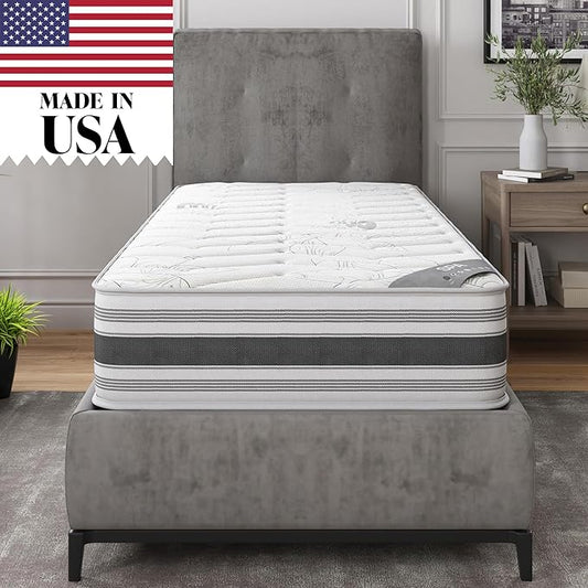 Ottomanson Twin 12" Hybrid Mattress - Meditation Antistatic Quilted Cover - Made in USA - Firm Support - Individually Pocketed Coils & CertiPUR-US Foam - Fiberglass-Free - Bed in a Box